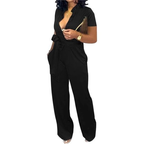 Women‘s Elegant Jumpsuit Casual Stand Collar Button Down...